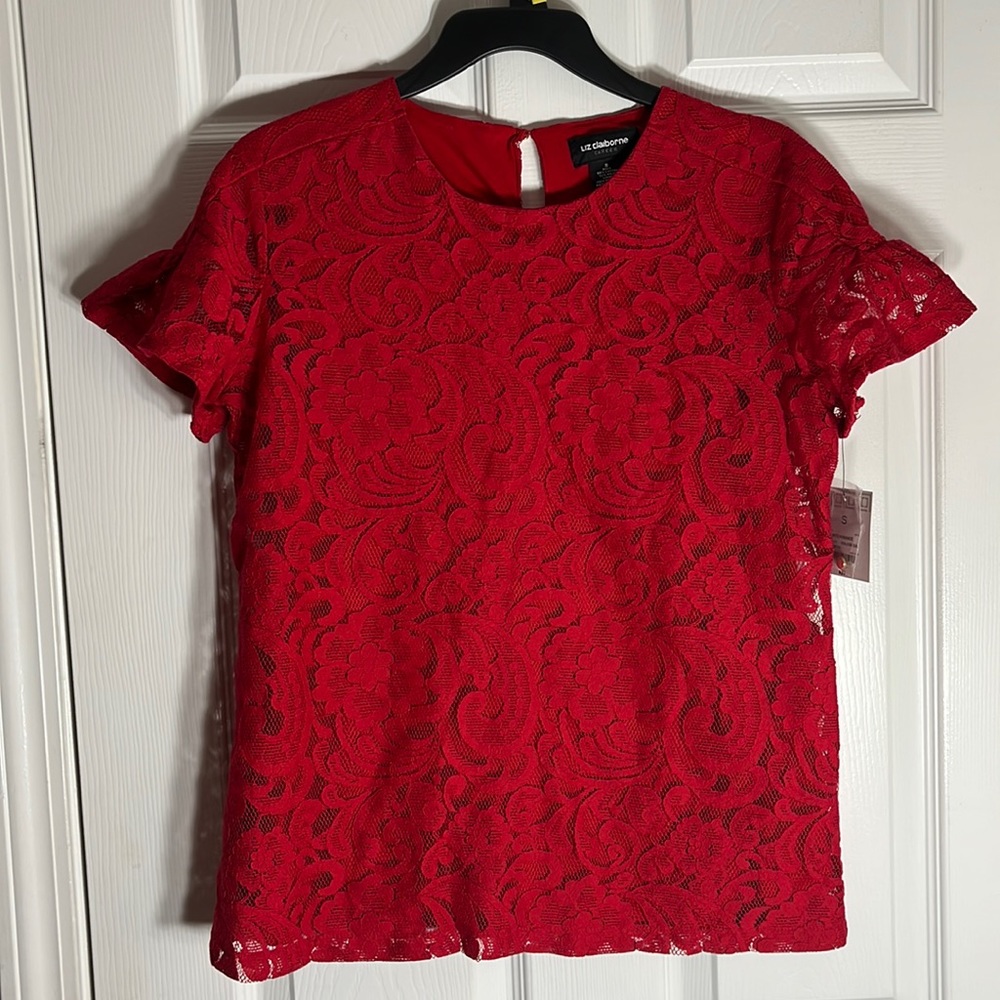NWT: Liz Claiborne, Career, Cabaret Red, Lace, Bell Sleeve Blouse, Sz Sm